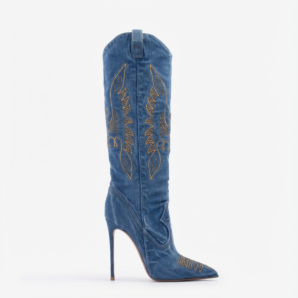 Santiag haute bleu Synthétique Femme - Talon aiguille, broderies western