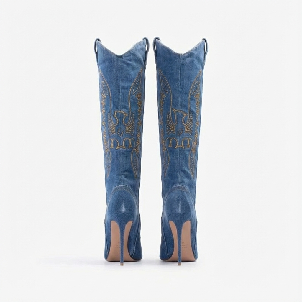 Santiag haute bleu Synthétique Femme - Talon aiguille, broderies western