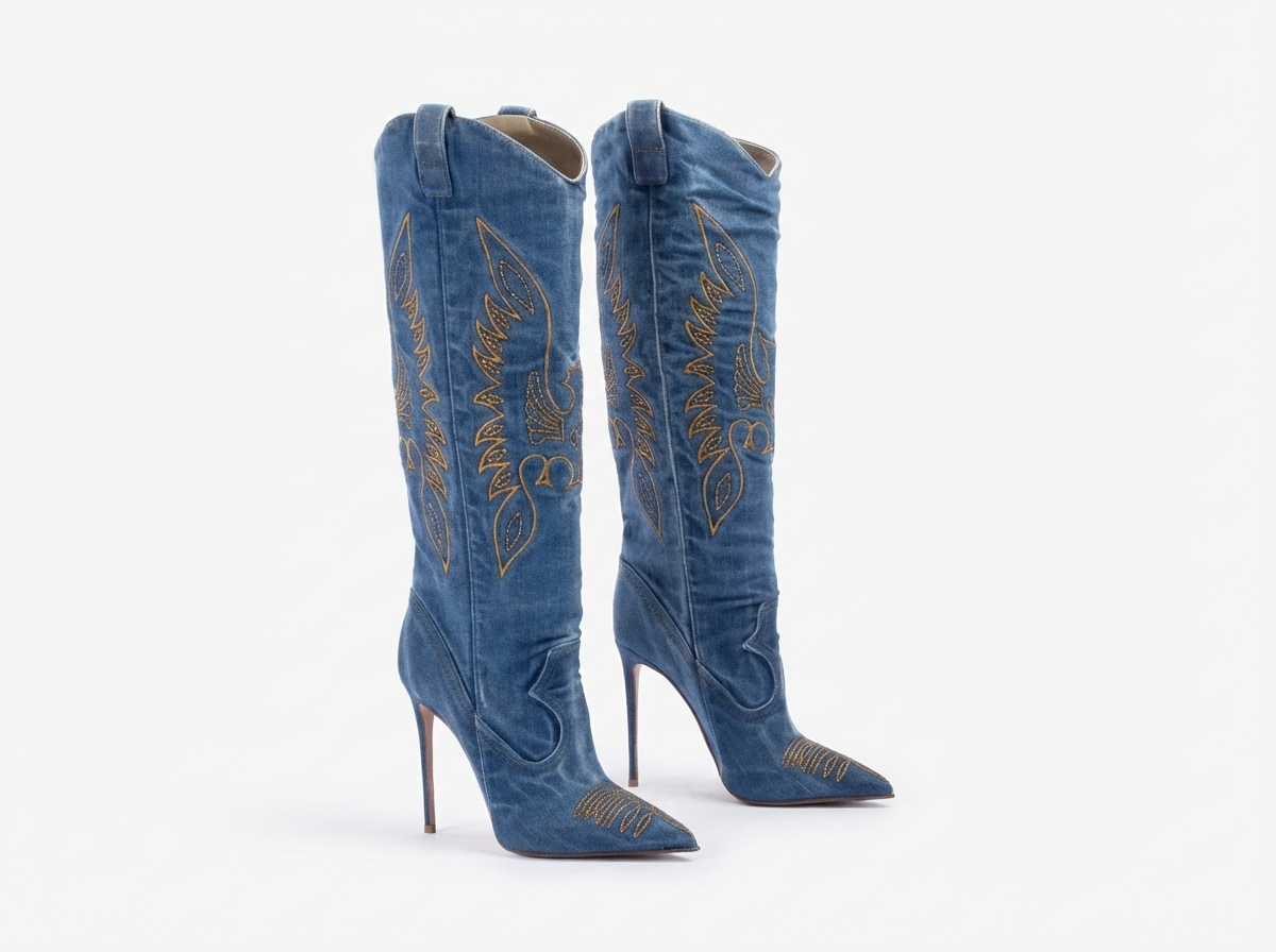 Santiag haute bleu Synthétique Femme - Talon aiguille, broderies western