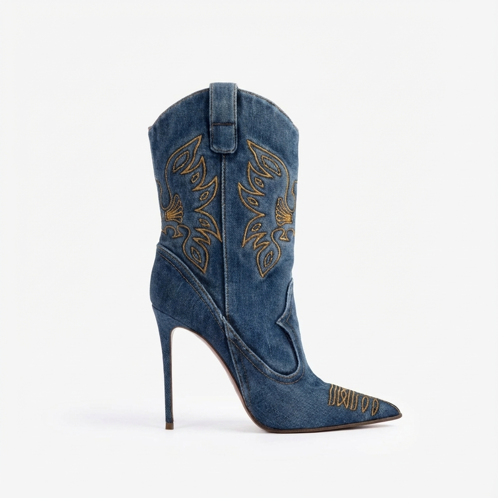 Santiag haute bleu Synthétique Femme - Broderies dorées