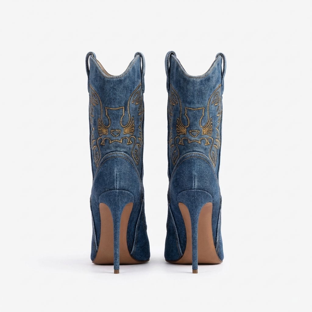 Santiag haute bleu Synthétique Femme - Broderies dorées
