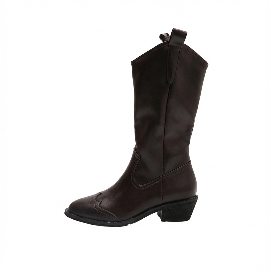 Santiag mi-haute marron foncé Simili Cuir Femme - Coutures ondulées
