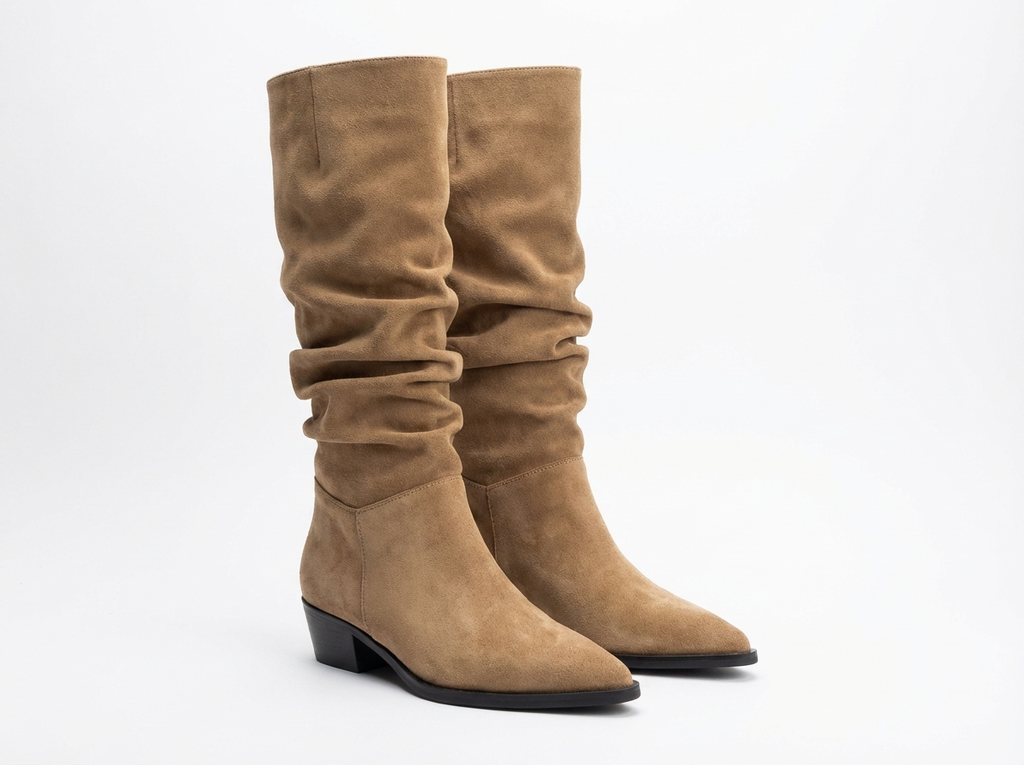 Santiag haute marron clair Daim Femme - Effet plissé