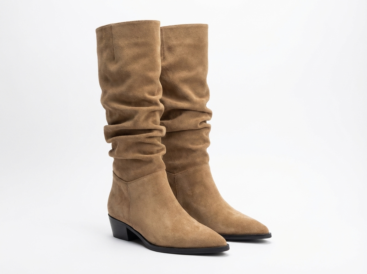 Santiag haute marron clair Daim Femme - Effet plissé