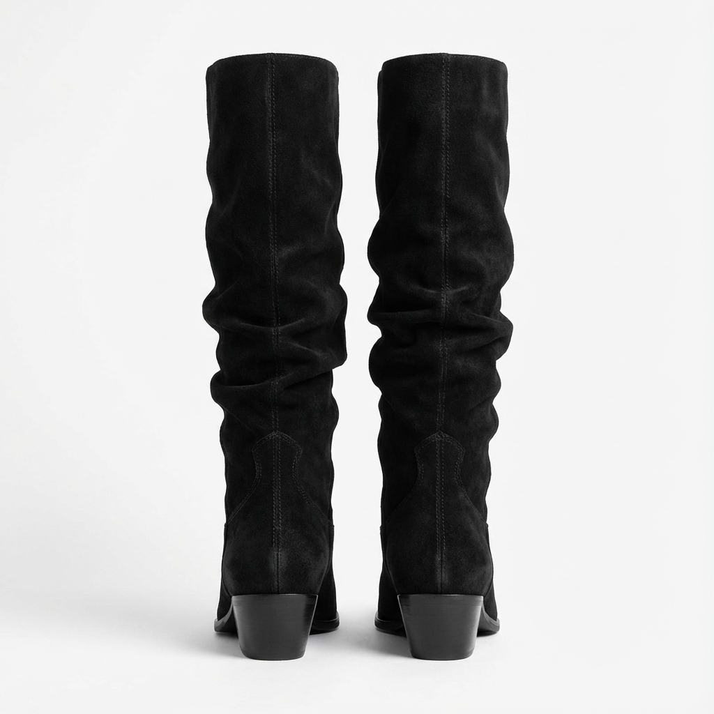 Santiag mi-haute noir Daim Femme - Effet plissé