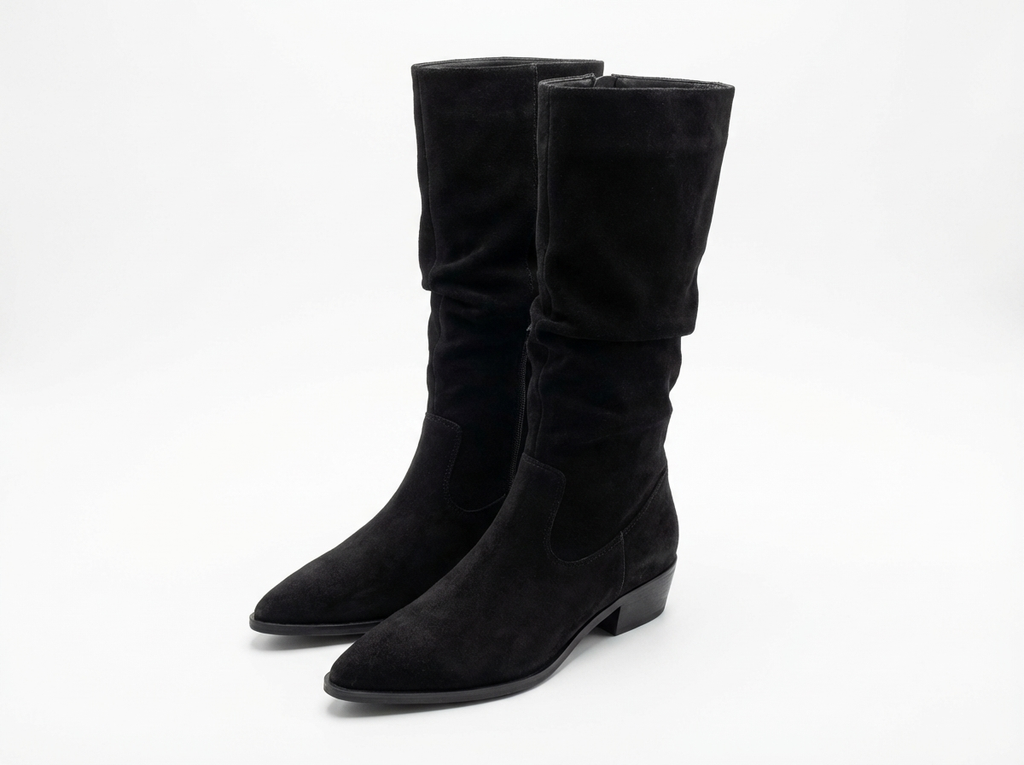 Santiag mi-haute noir Daim Femme - Effet plissé