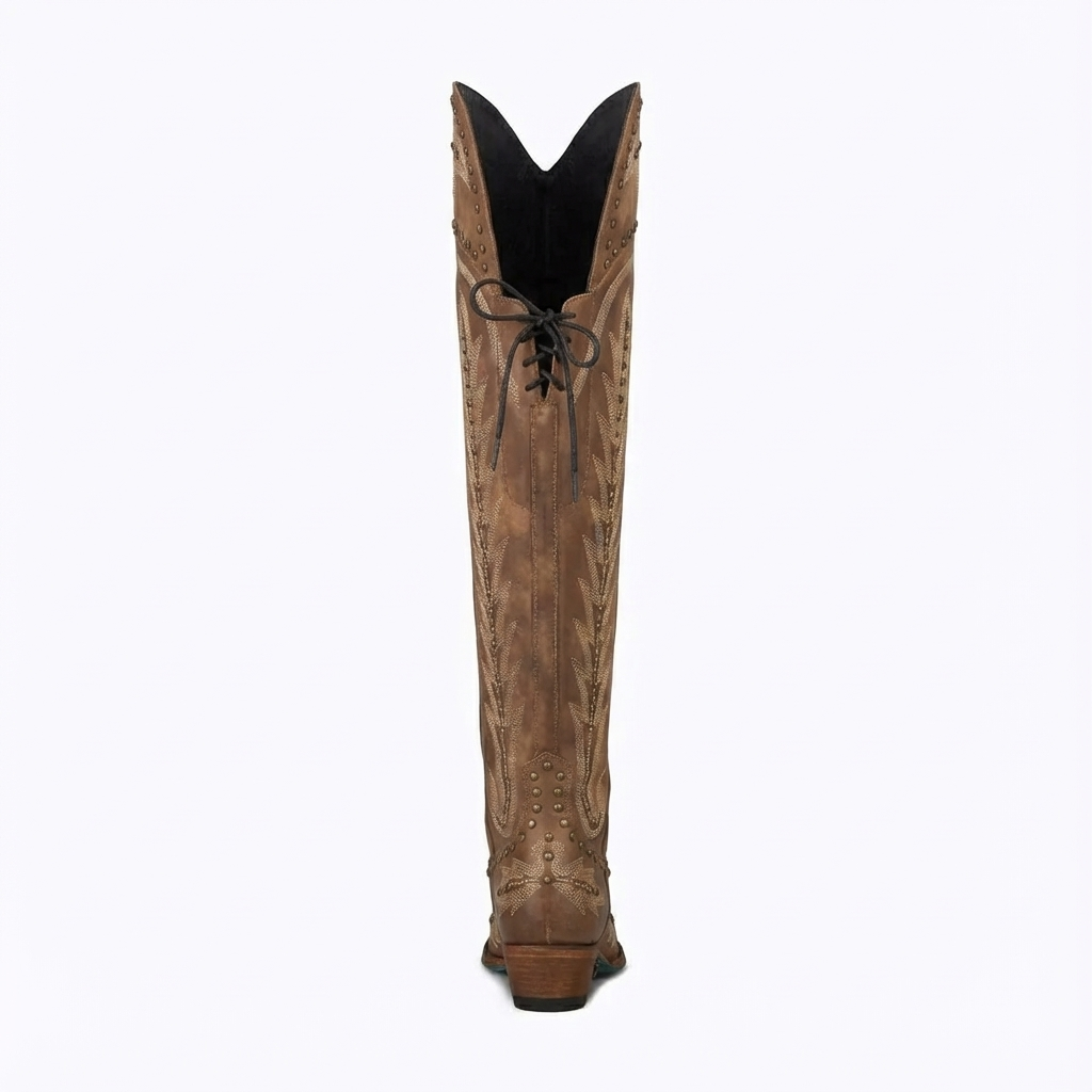 Santiag haute marron Simili Cuir Femme - Rivets, style cowboy