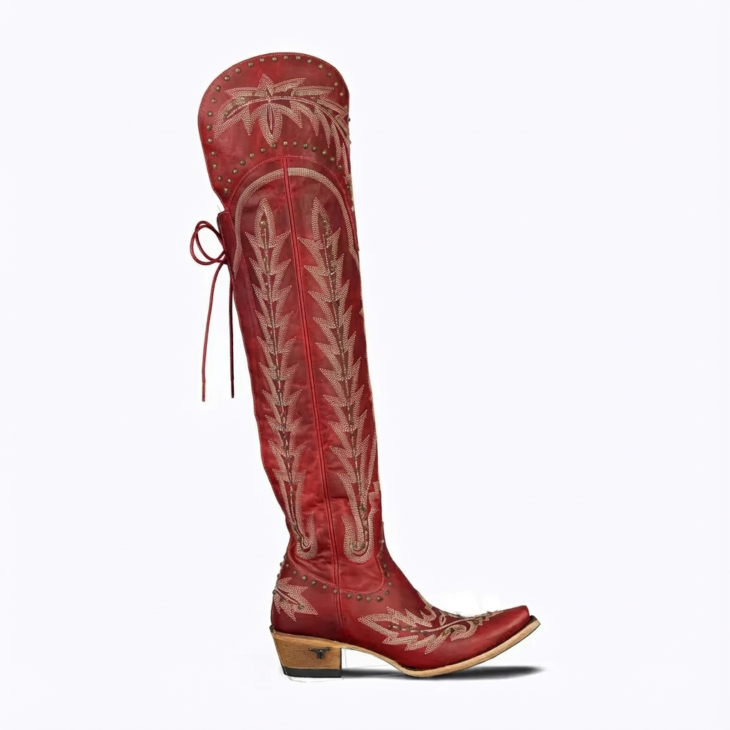 Santiag haute rouge Synthétique Femme - Broderies, clous