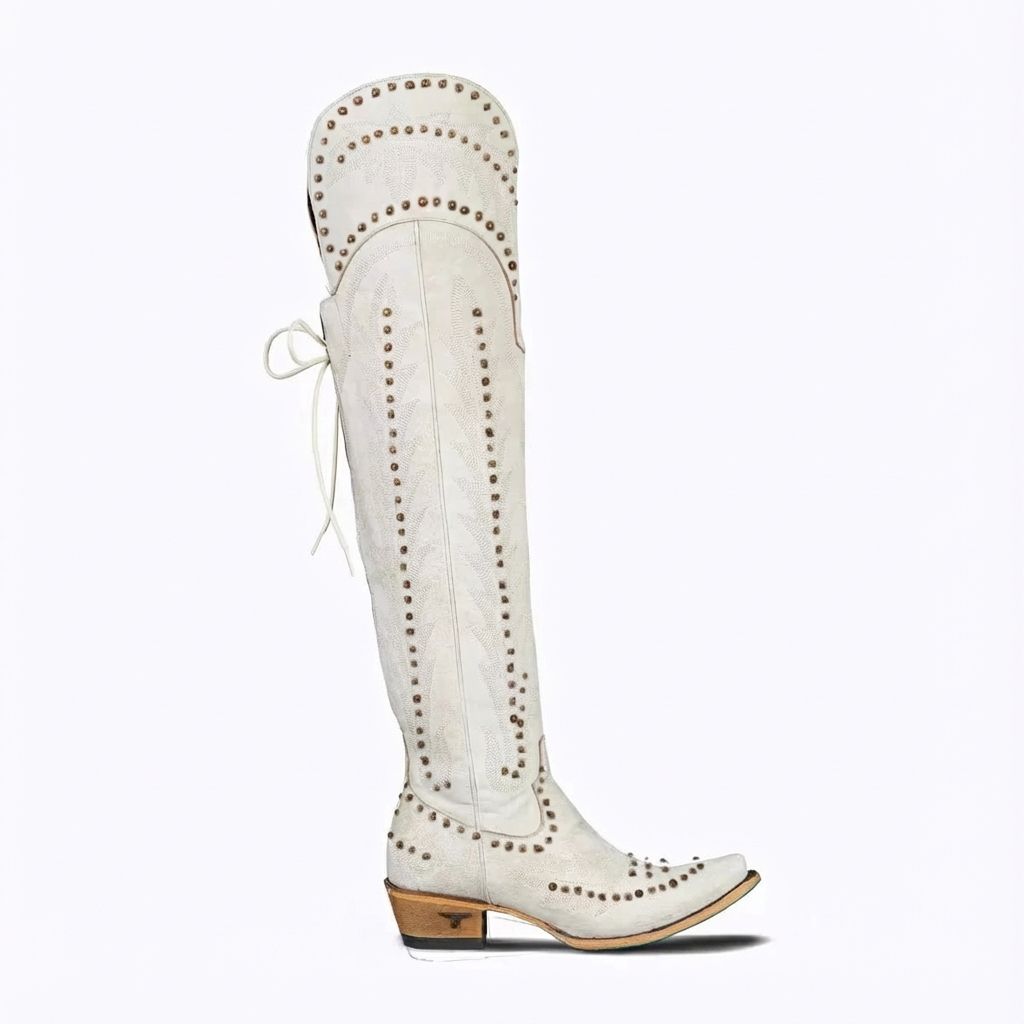 Santiag haute beige PU Femme - Style punk, clous et lacets
