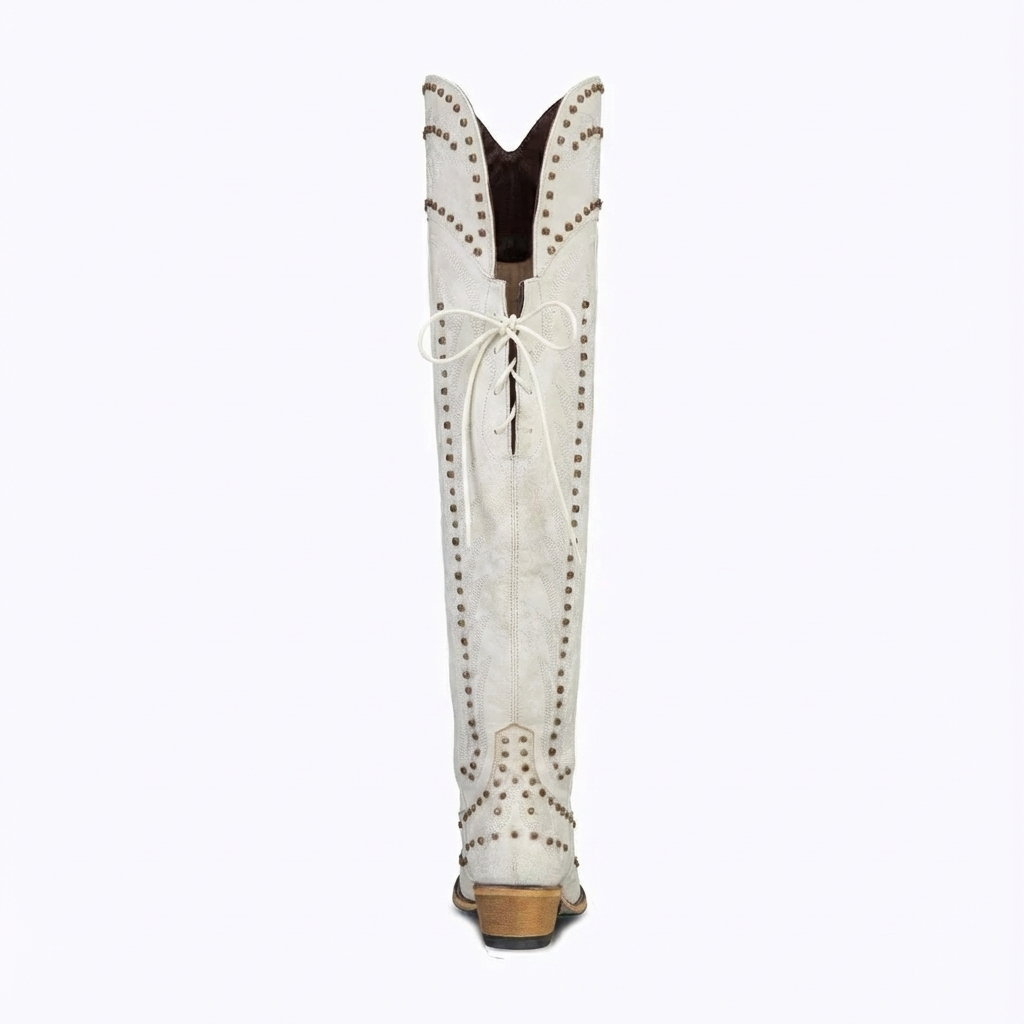 Santiag haute beige PU Femme - Style punk, clous et lacets