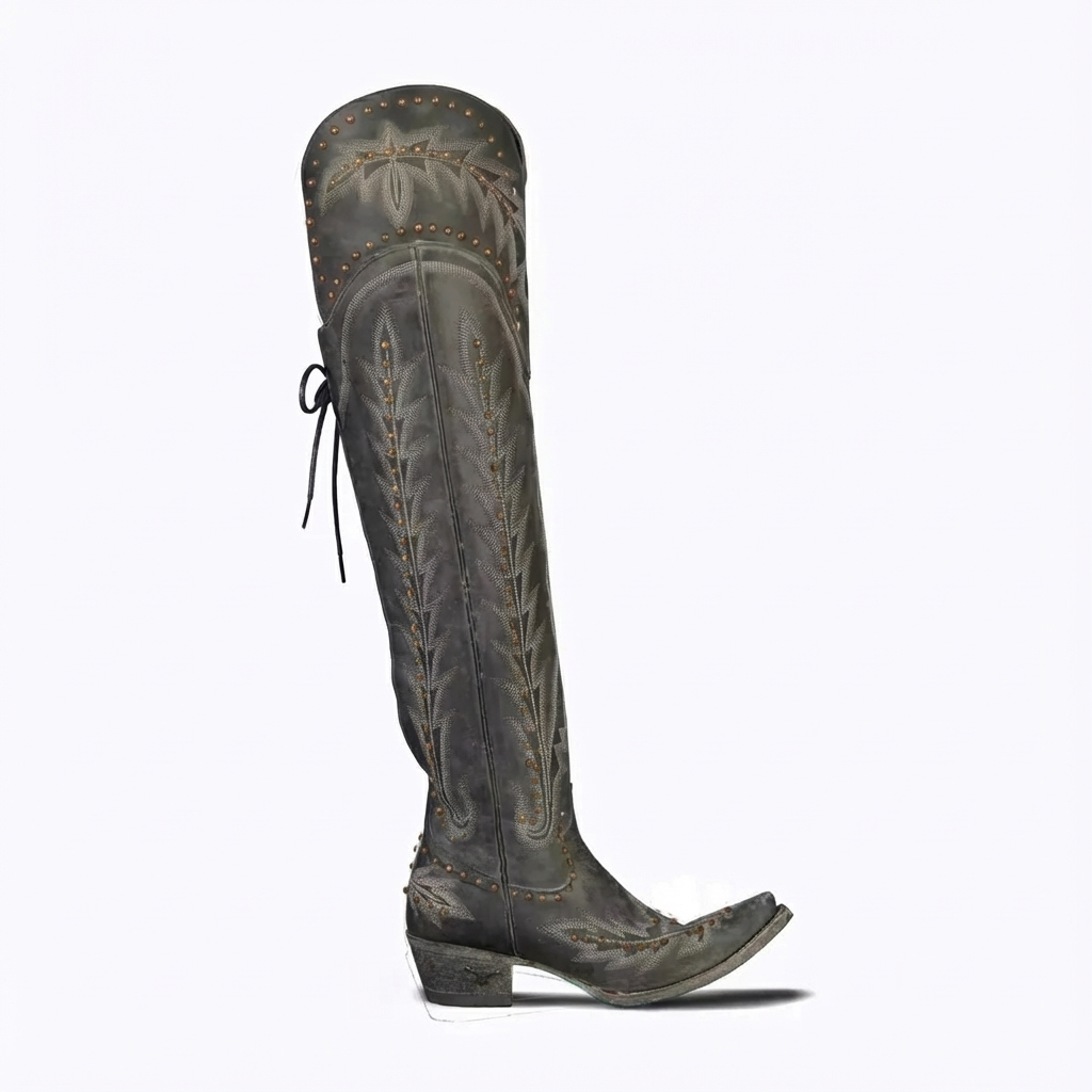 Santiag haute gris Simili Cuir Femme - Broderies florales, clous