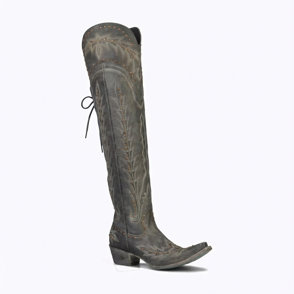 Santiag haute gris Simili Cuir Femme - Broderies florales, clous