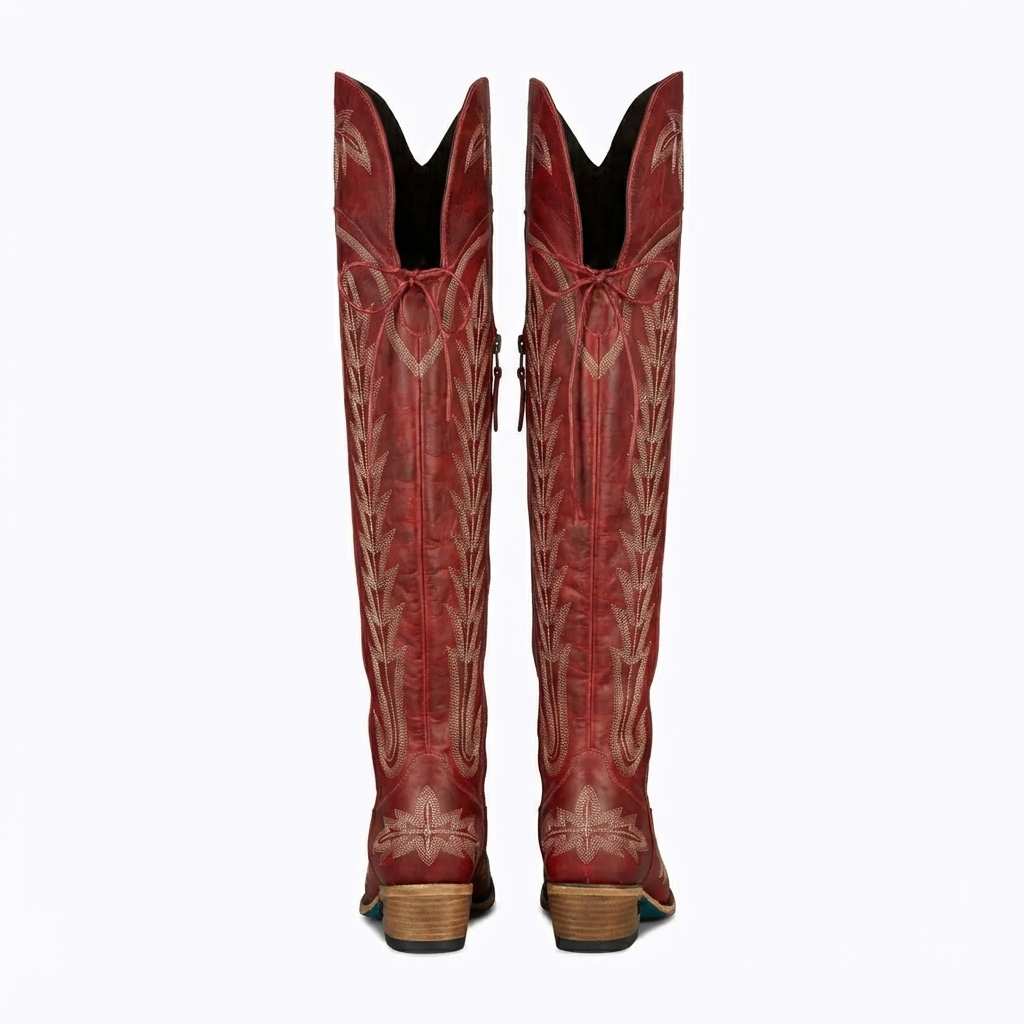 Santiag haute rouge Simili Cuir Femme - Broderies florales, bout pointu