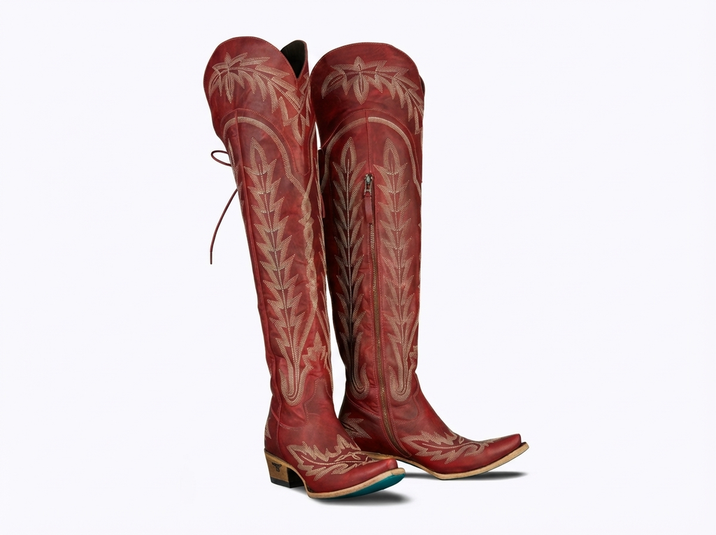 Santiag haute rouge Simili Cuir Femme - Broderies florales, bout pointu