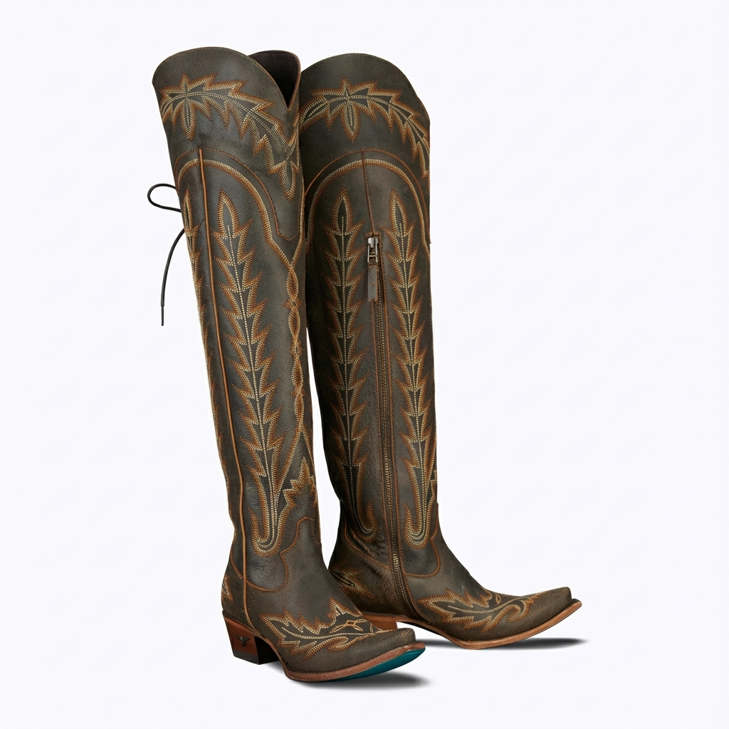Santiag haute marron Synthétique Femme - Broderies, coutures western