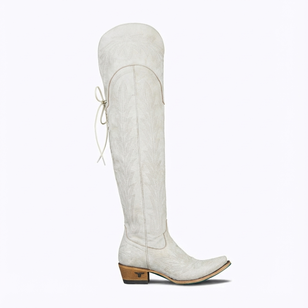 Santiag haute blanc Synthétique Femme - Broderies florales, talon carré