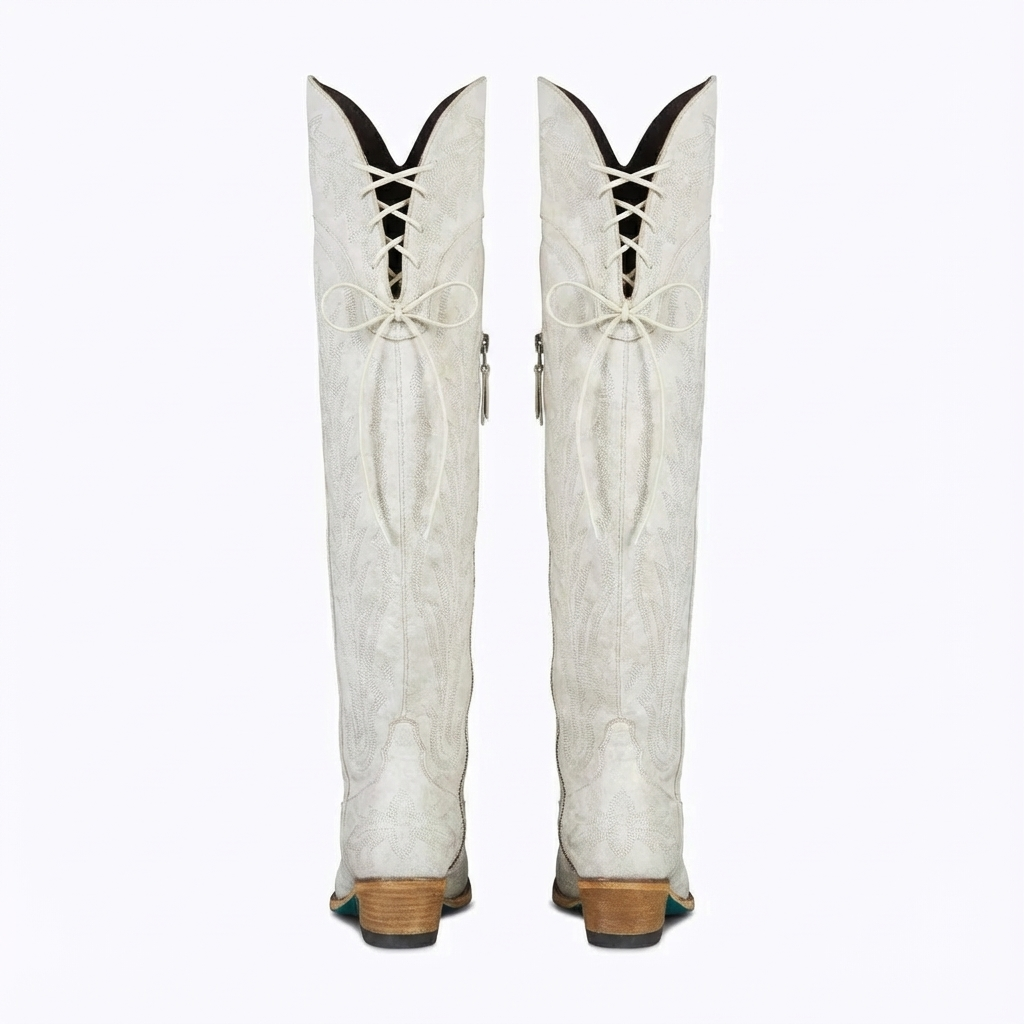 Santiag haute blanc Synthétique Femme - Broderies florales, talon carré