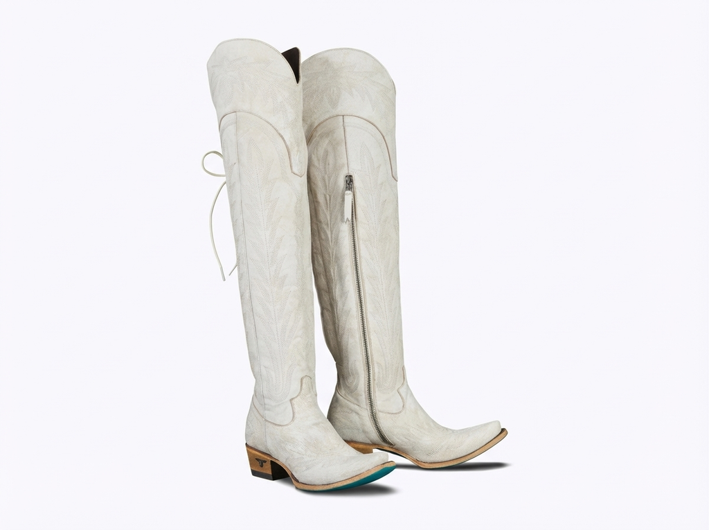 Santiag haute blanc Synthétique Femme - Broderies florales, talon carré