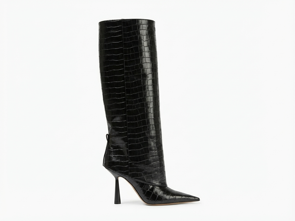 Botte haute noir Synthétique Femme - Crocodile, talon aiguille