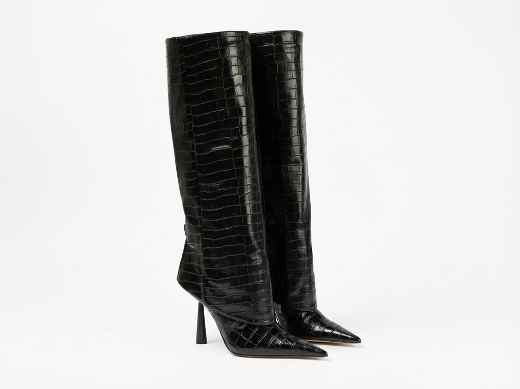 Botte haute noir Synthétique Femme - Crocodile, talon aiguille