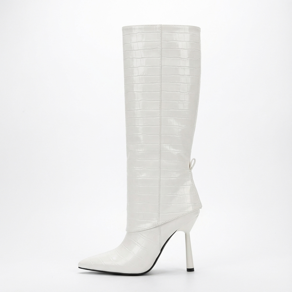 Botte haute blanc Synthétique Femme - Crocodile, talon fin