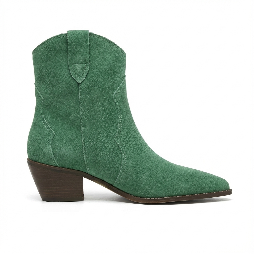 Santiag basse vert Daim Femme - Bout pointu, coutures western