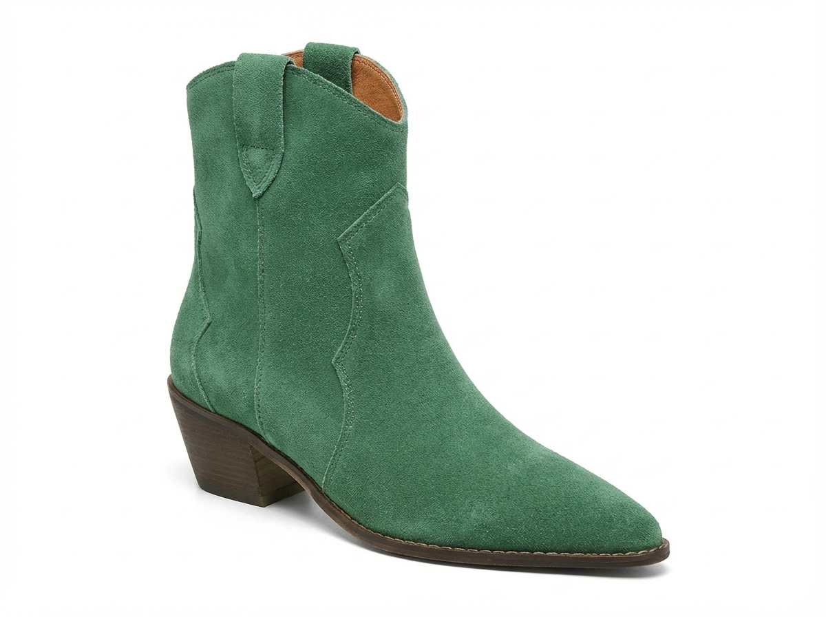 Santiag basse vert Daim Femme - Bout pointu, coutures western