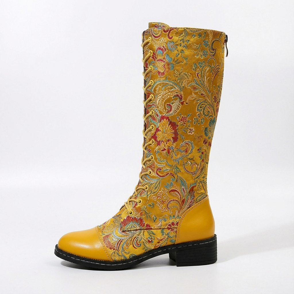 Botte haute jaune Simili Cuir Femme - Broderies florales