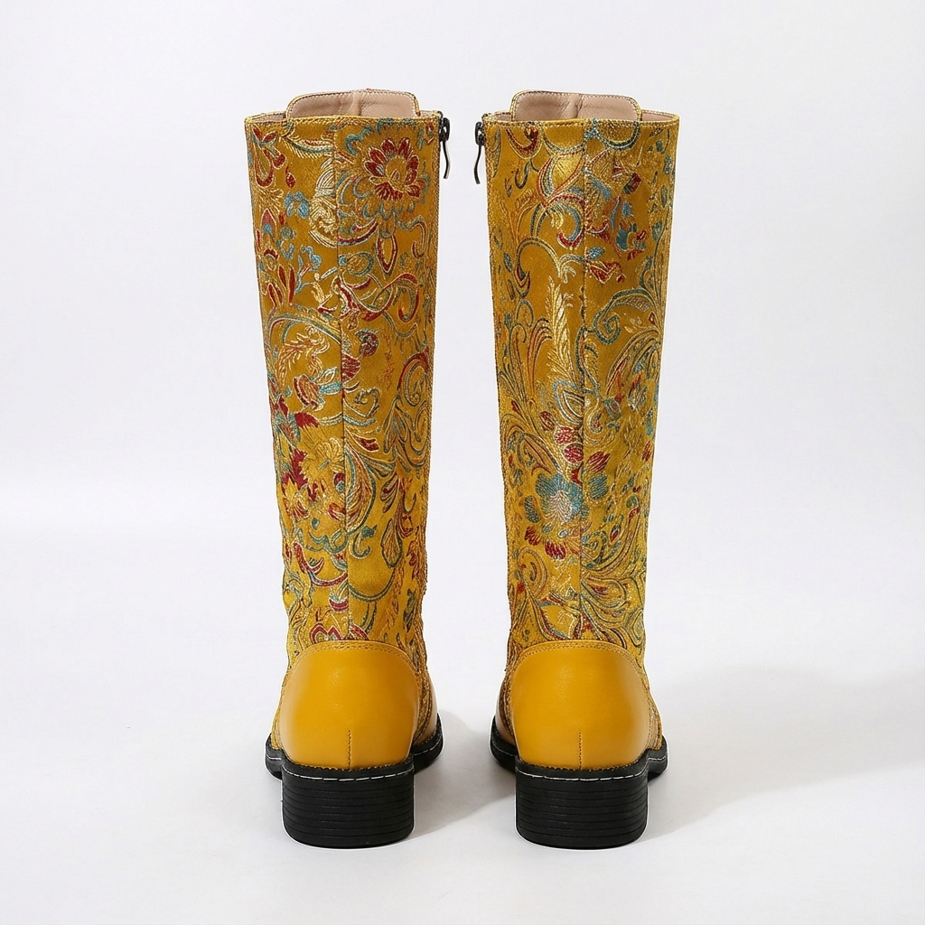 Botte haute jaune Simili Cuir Femme - Broderies florales