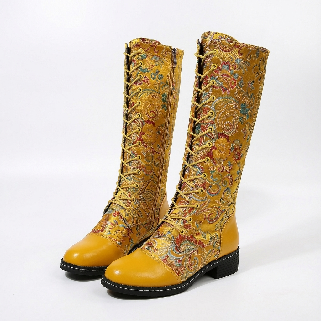 Botte haute jaune Simili Cuir Femme - Broderies florales