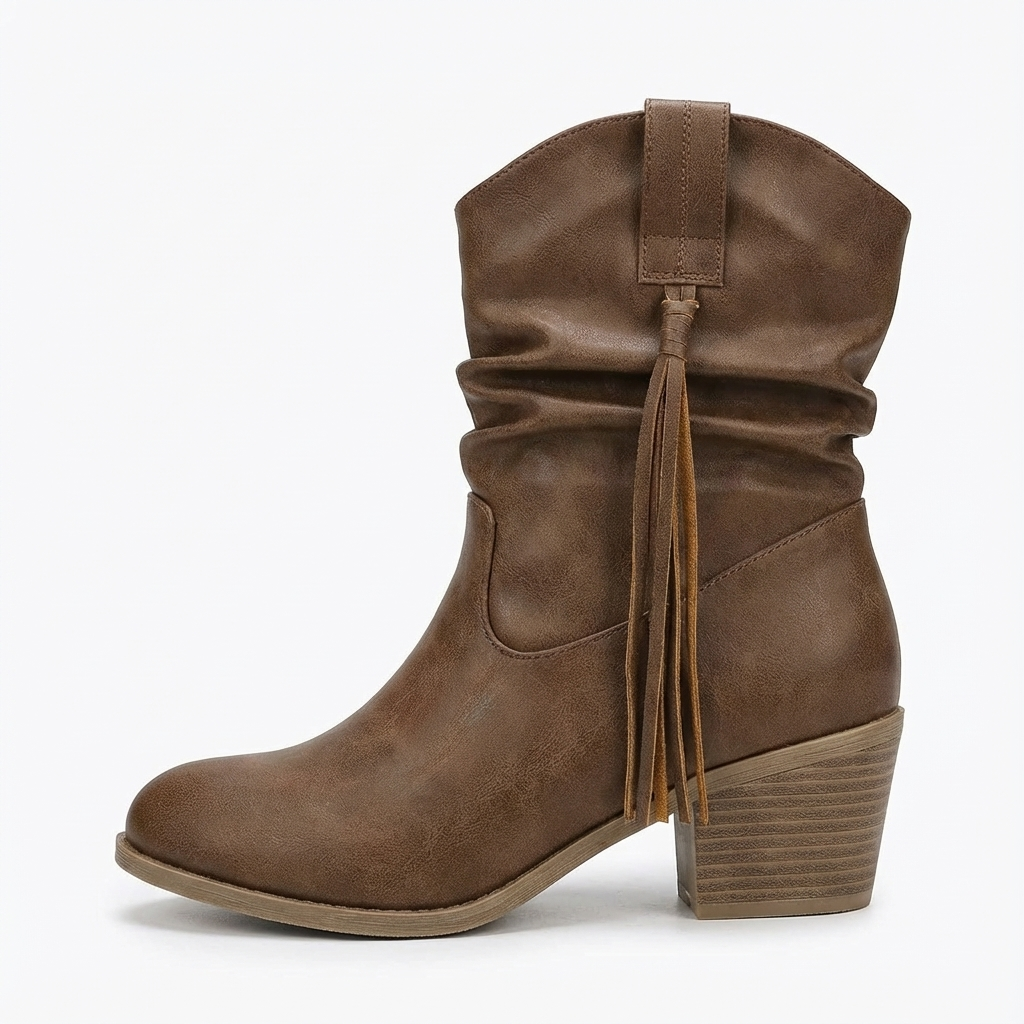 Santiag mi-haute marron Simili Cuir Femme - Franges western, talon carré
