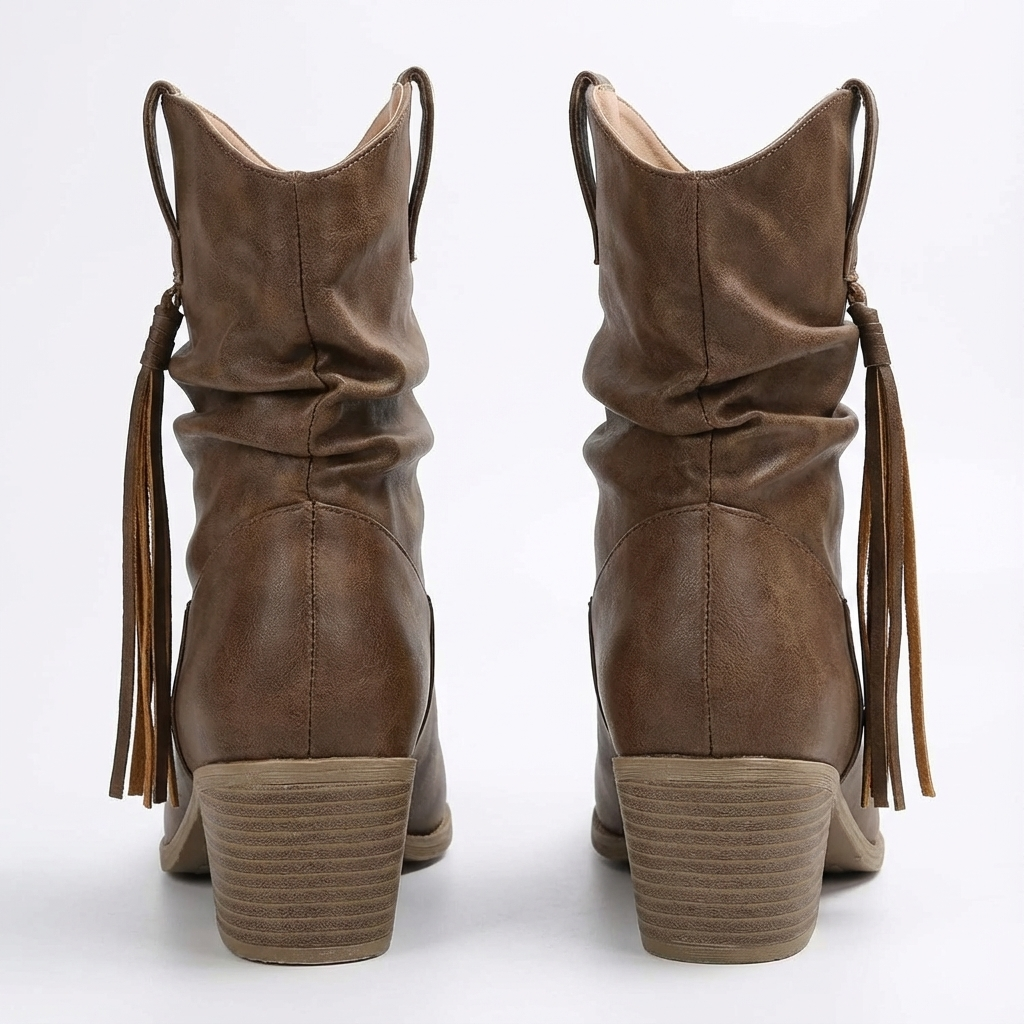 Santiag mi-haute marron Simili Cuir Femme - Franges western, talon carré