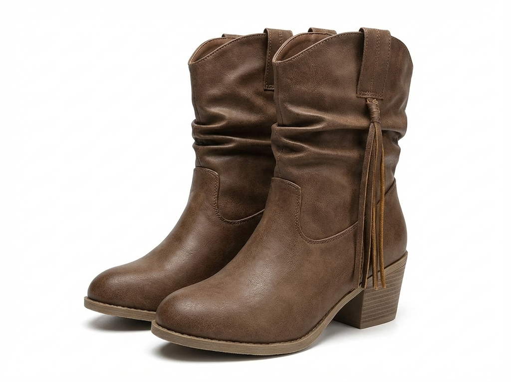 Santiag mi-haute marron Simili Cuir Femme - Franges western, talon carré
