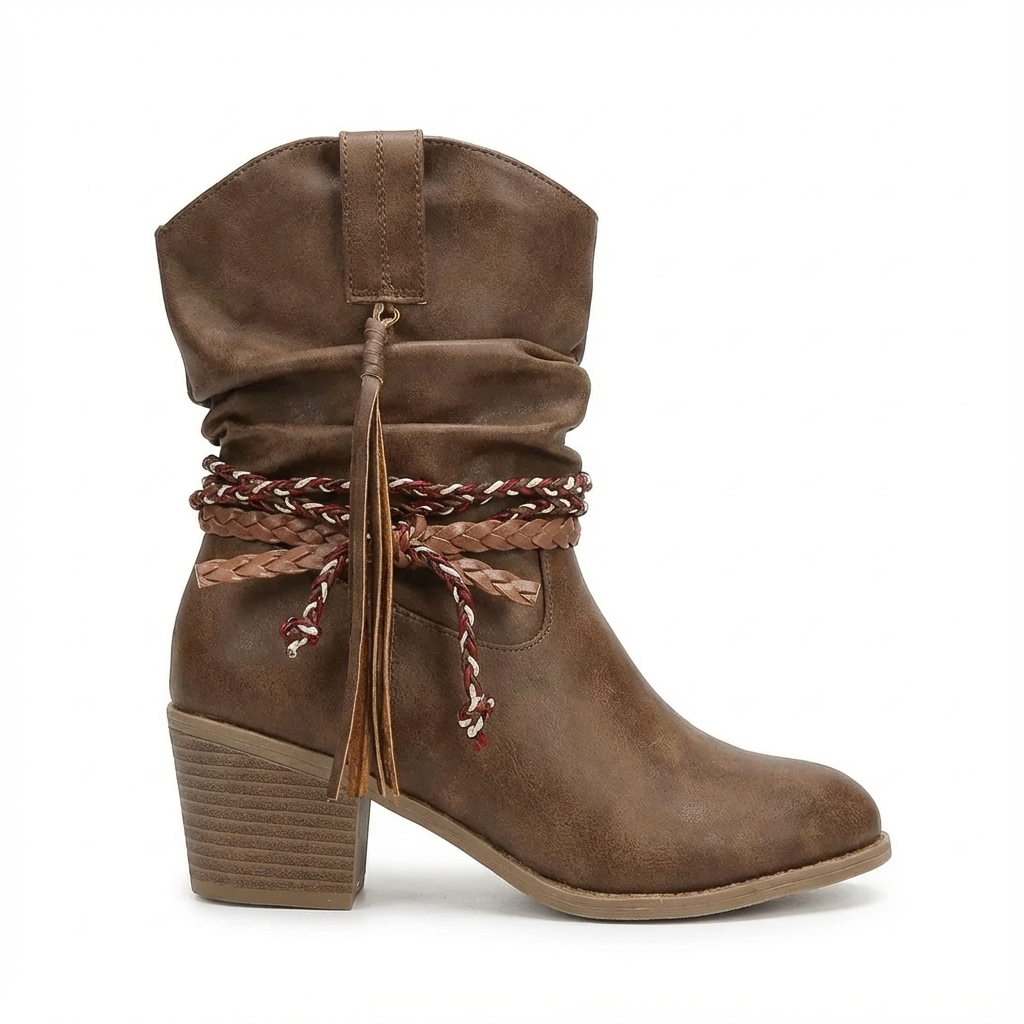 Santiag mi-haute marron Simili Cuir Femme - Style boho, tresse et corde