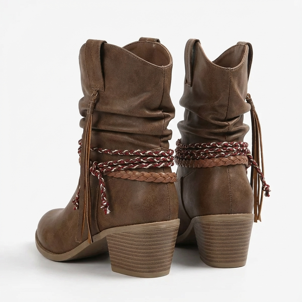 Santiag mi-haute marron Simili Cuir Femme - Style boho, tresse et corde