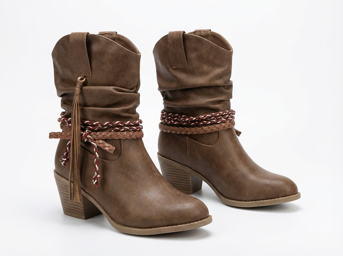 Santiag mi-haute marron Simili Cuir Femme - Style boho, tresse et corde
