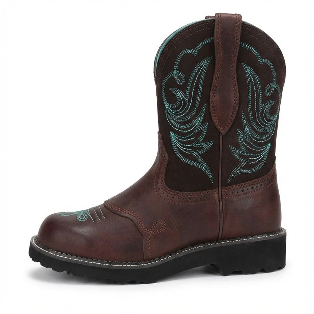 Santiag mi-haute marron foncé Simili Cuir Femme - Broderies turquoise