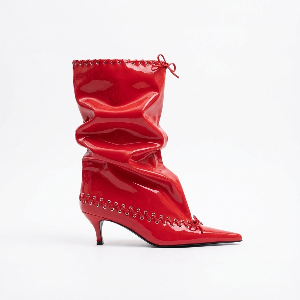Santiag mi-haute rouge Synthétique Femme - Bout pointu, tige plissée