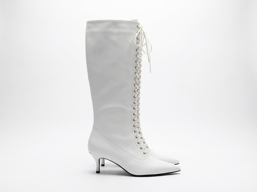 Botte haute blanc Synthétique Femme - Laçage œillets, talon kitten