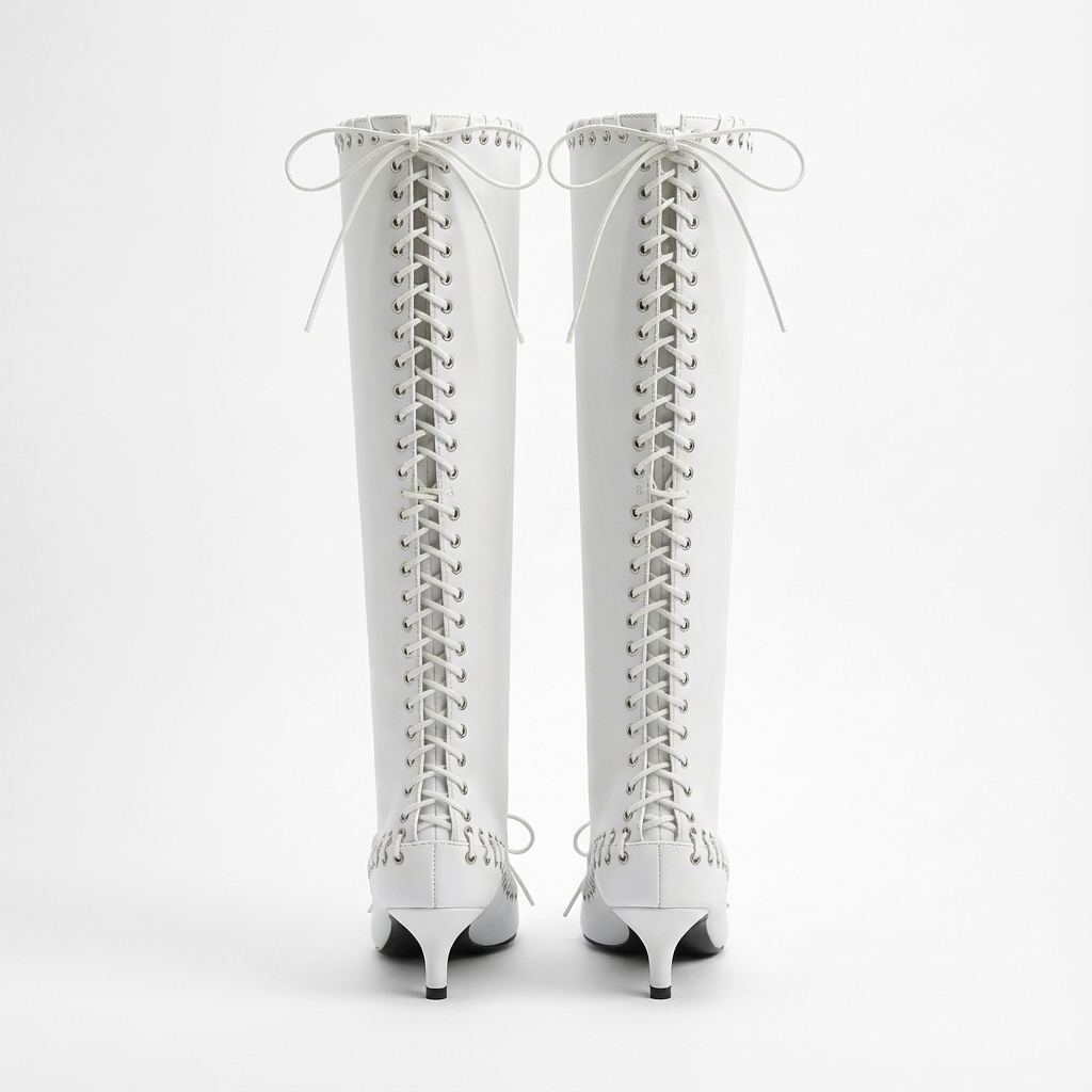 Botte haute blanc Synthétique Femme - Laçage œillets, talon kitten