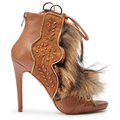 Bottine à talon marron Daim Synthétique Femme - Bout ouvert, fourrure, zip doré