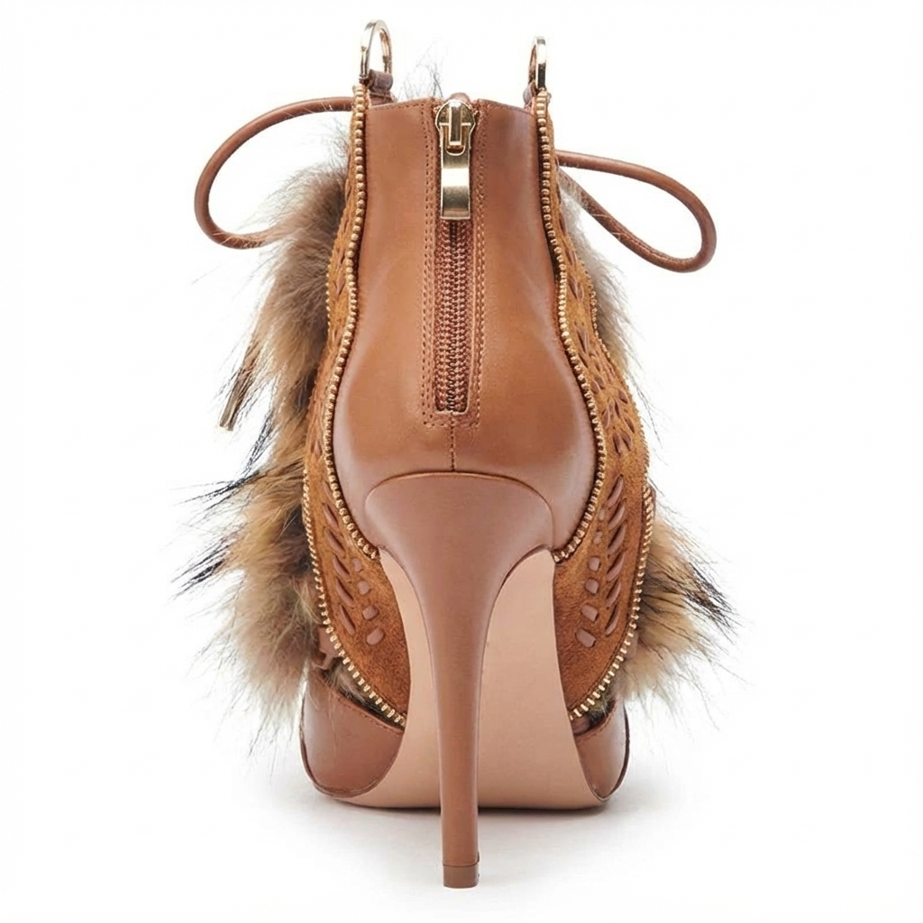 Bottine à talon marron Daim Synthétique Femme - Bout ouvert, fourrure, zip doré