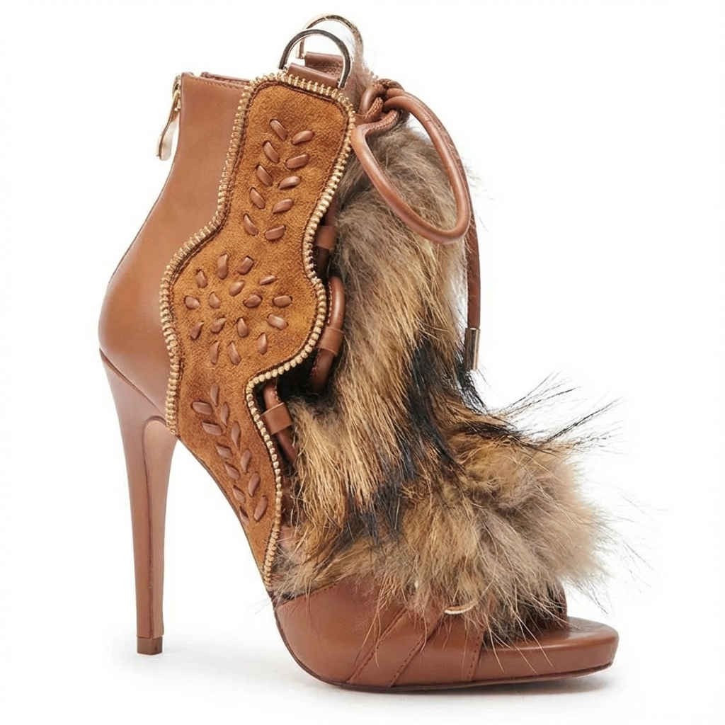 Bottine à talon marron Daim Synthétique Femme - Bout ouvert, fourrure, zip doré