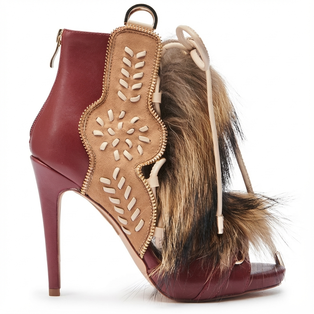 Bottine à talon rouge Daim Femme - Fourrure, broderies