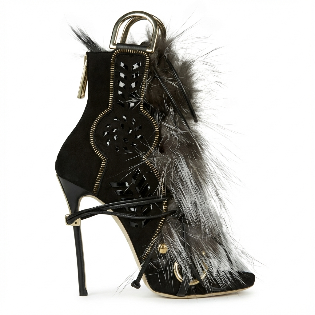 Bottine à talon noir Synthétique Femme - Fourrure, talon aiguille