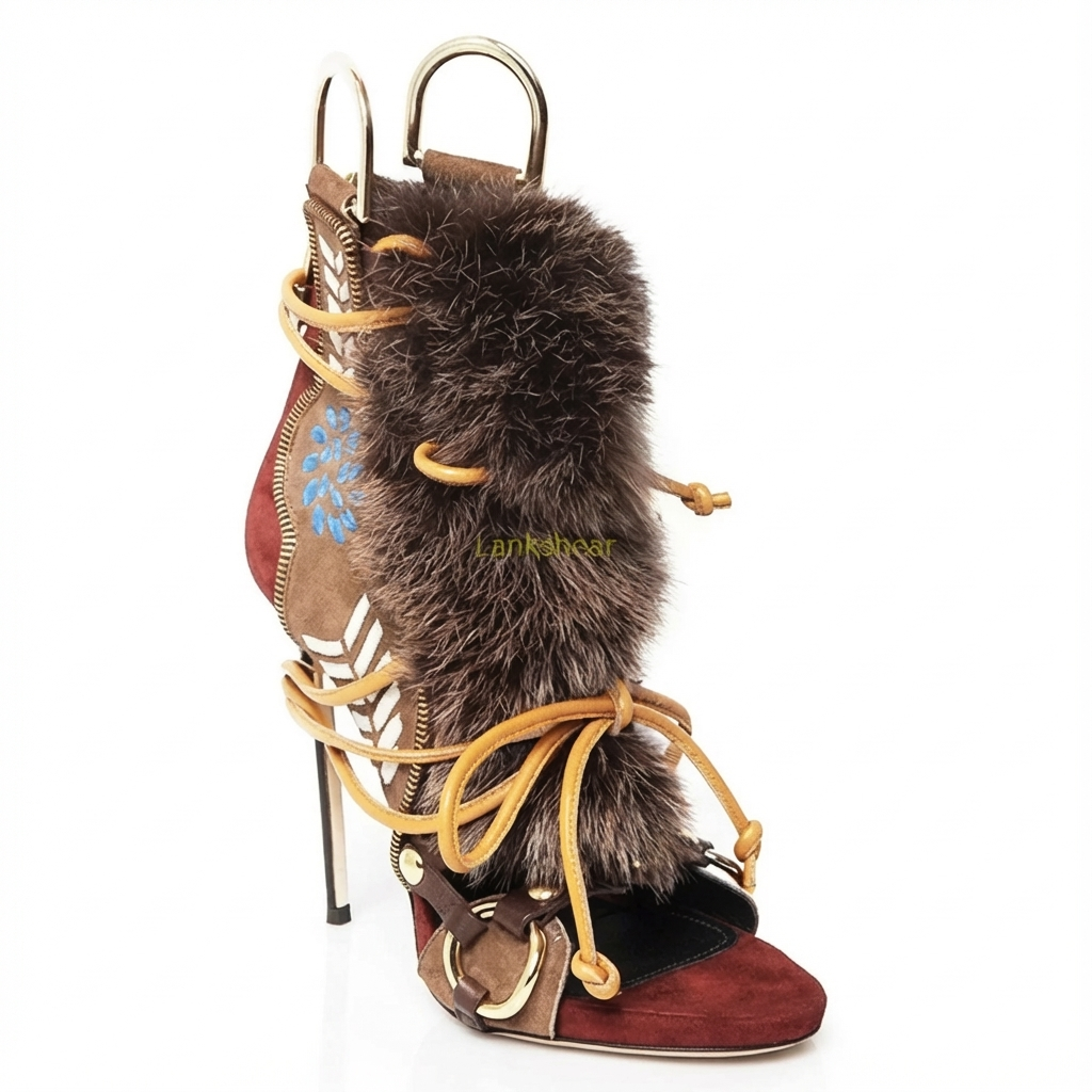 Bottine à talon marron Daim Synthétique Femme - Broderies florales, fourrure