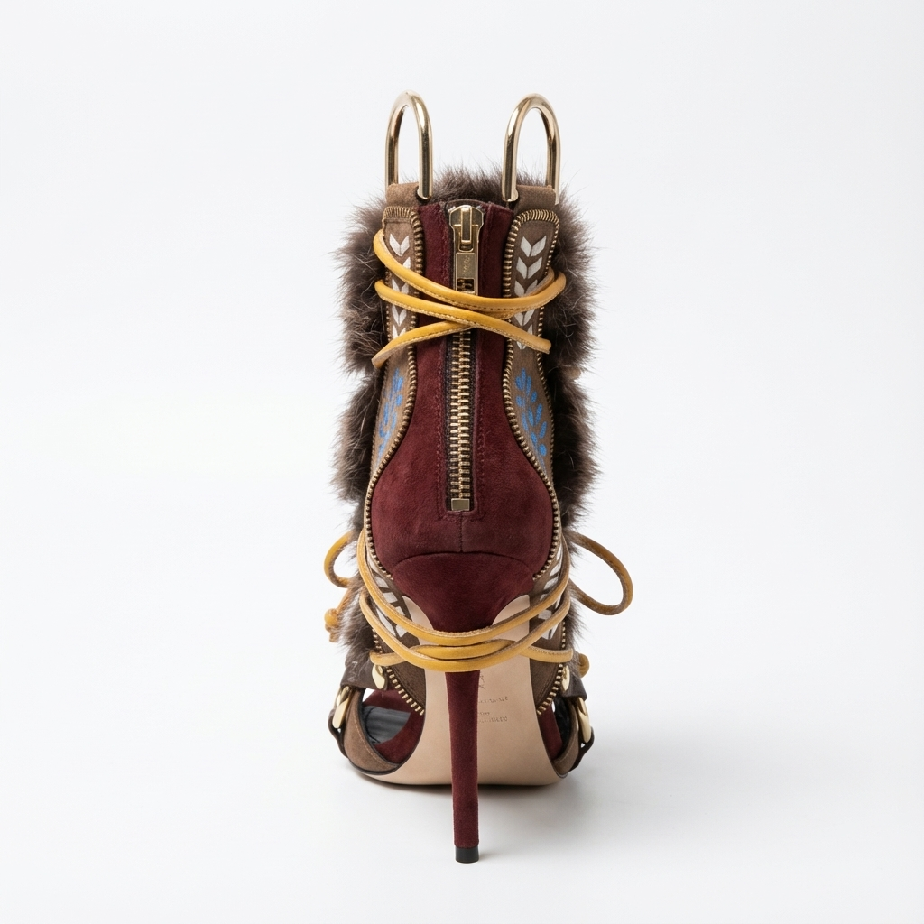 Bottine à talon marron Daim Synthétique Femme - Broderies florales, fourrure
