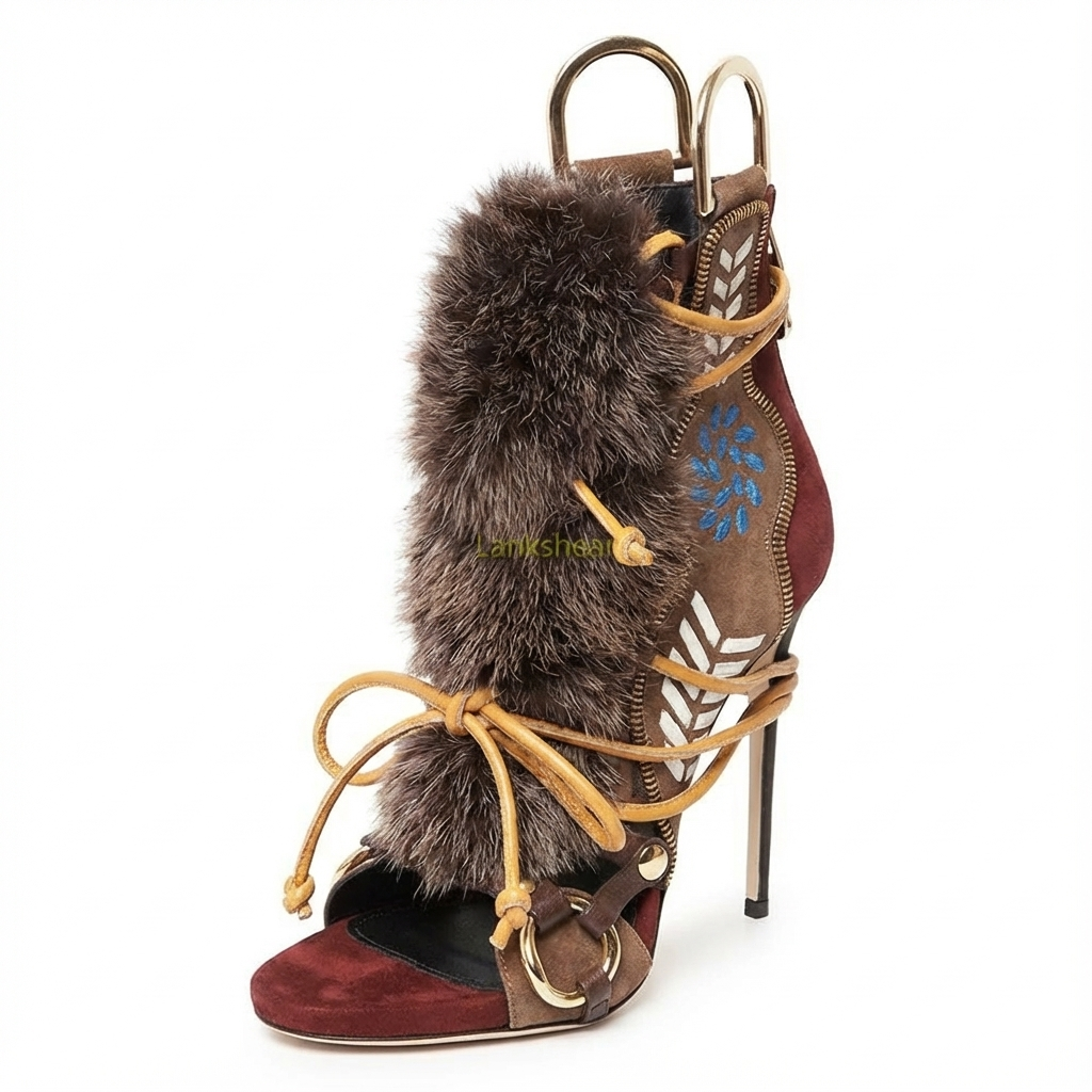 Bottine à talon marron Daim Synthétique Femme - Broderies florales, fourrure