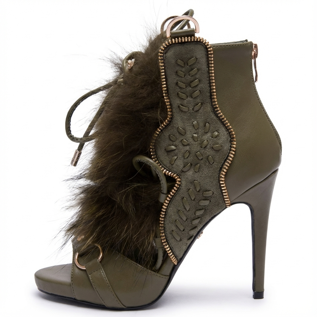 Bottine à talon vert Synthétique Femme - Détails fourrure