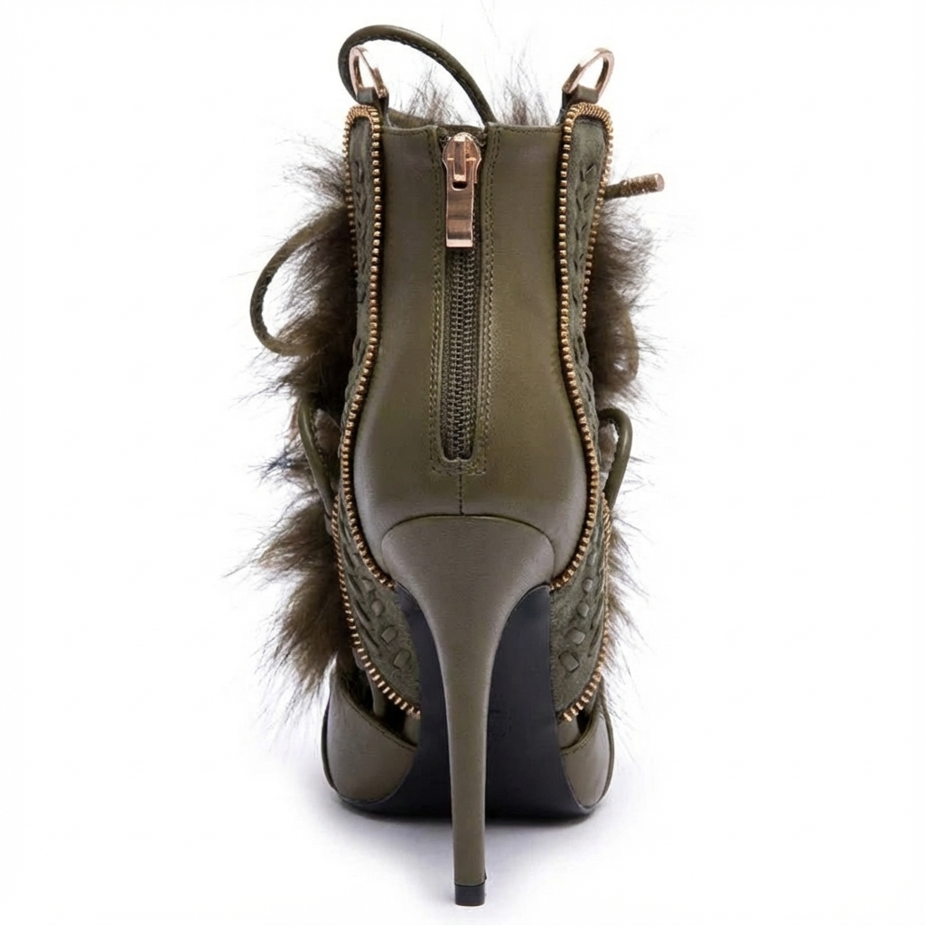 Bottine à talon vert Synthétique Femme - Détails fourrure